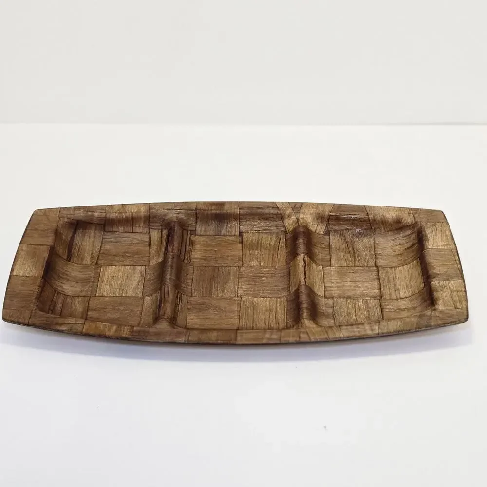 Stamped Weavewood Inc. Minneapolis Mid-Cent. Modern Wooden Divided Tray 14